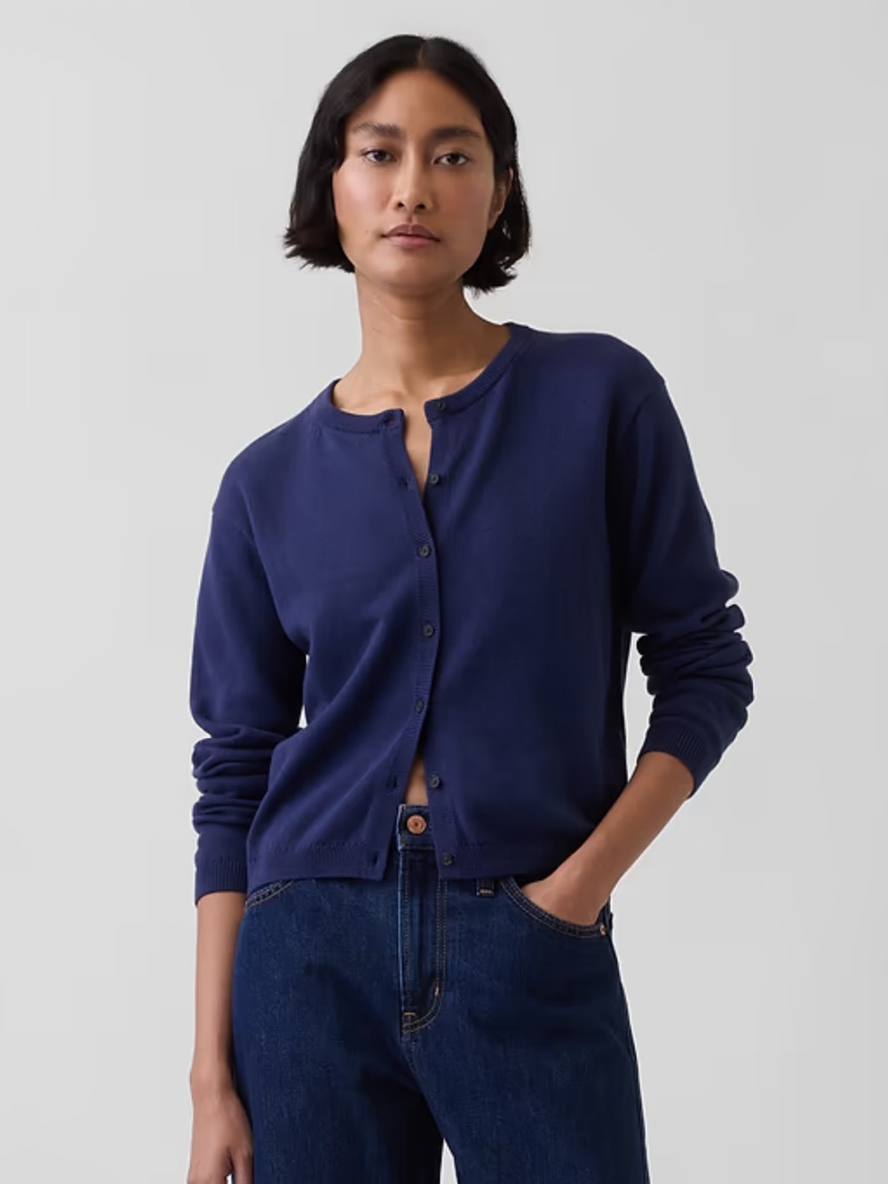 GAP Classic Relaxed Navy Button-Front Cotton Crew Crop Cardigan